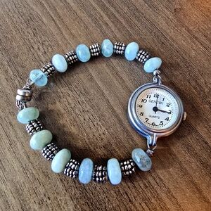 Vintage Style Geneva Silver-Tone Bracelet Watch with Jade Beads